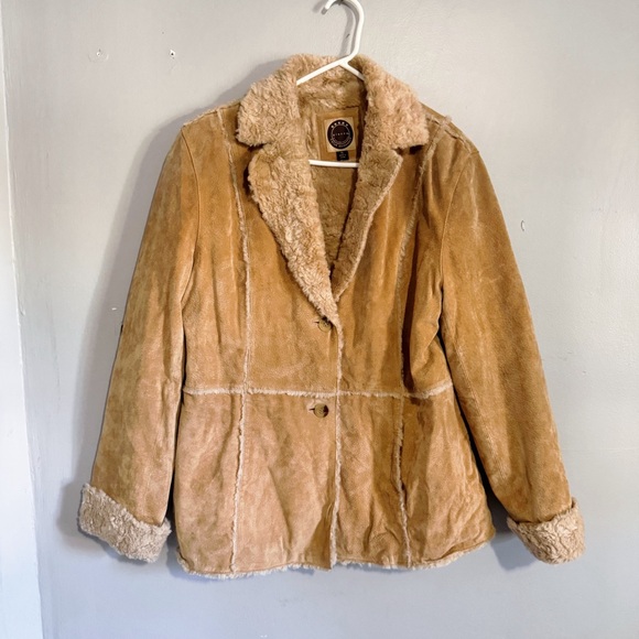 Giacca 100% Leather Tan Coat with Fur Trim Size XL - Picture 1 of 4